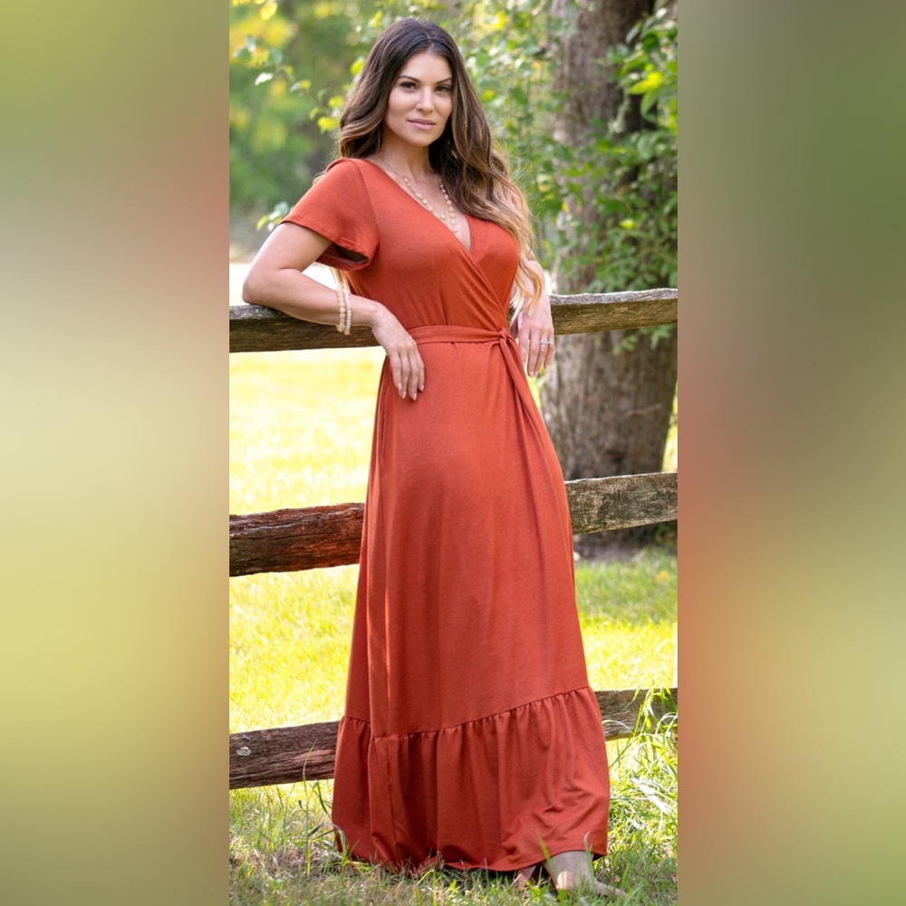 NEW Arianna by Howards Wrap Around Cap Sleeve Maxi Dress Ruffle VNeck Sz S/M NWT